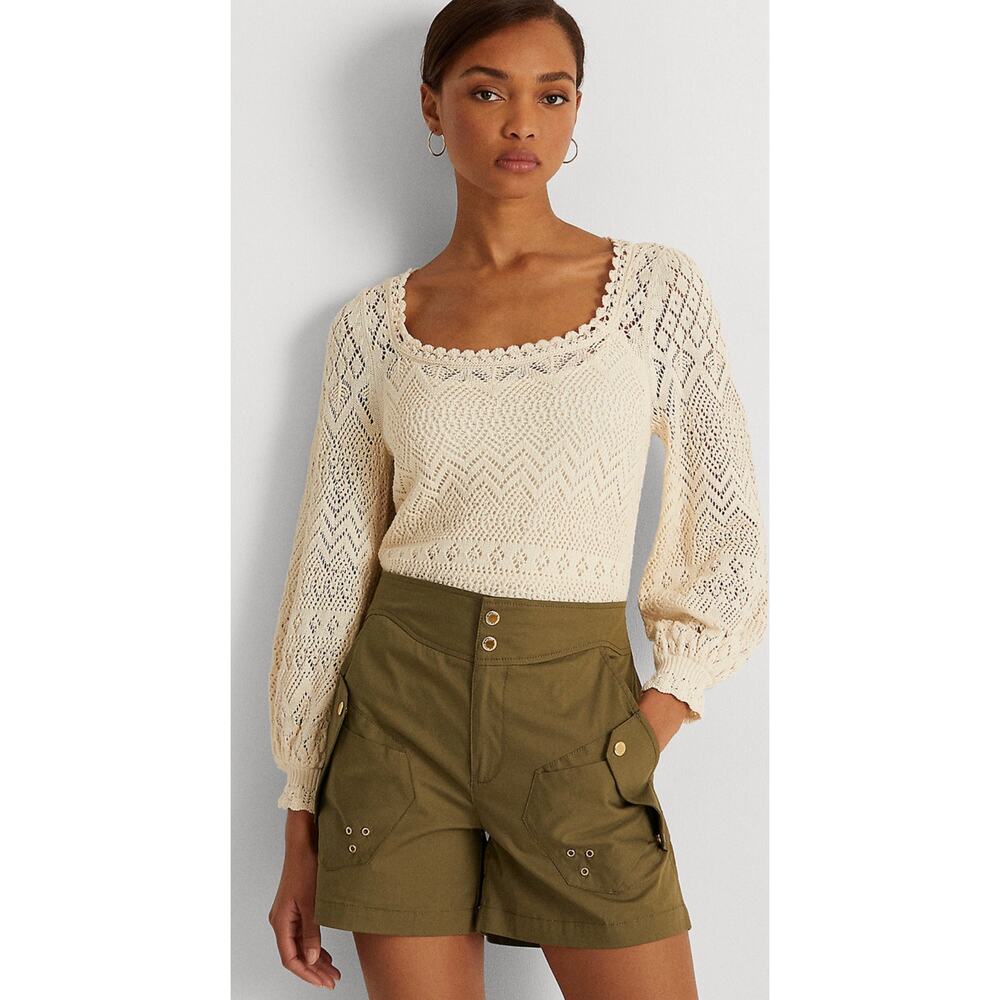 Lauren Ralph Lauren Black Label Puff-Sleeve Pointelle Jumper Sweater,size large